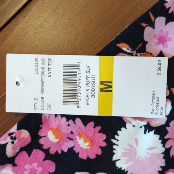By Design Floral V-Neck Puff Sleeve Bodysuit, Size M, Black/Pink/White - Picture 5 of 5